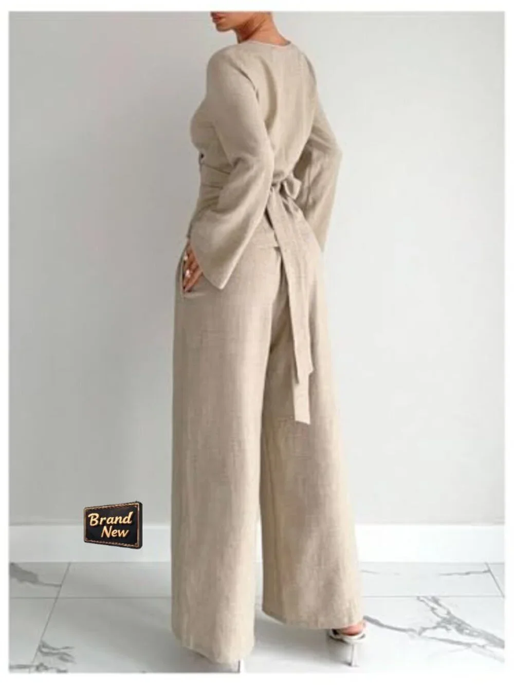 2 Piece Long Sleeve Wrap Tie Top and Pants Set Work Business Outfit